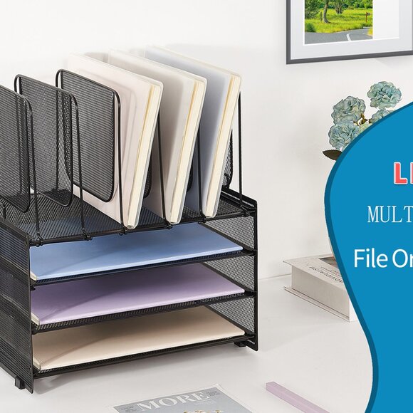 3-Tier Metal Desk Organizer with 5 File Holders, Office Supplies Storage - Picture 8 of 8